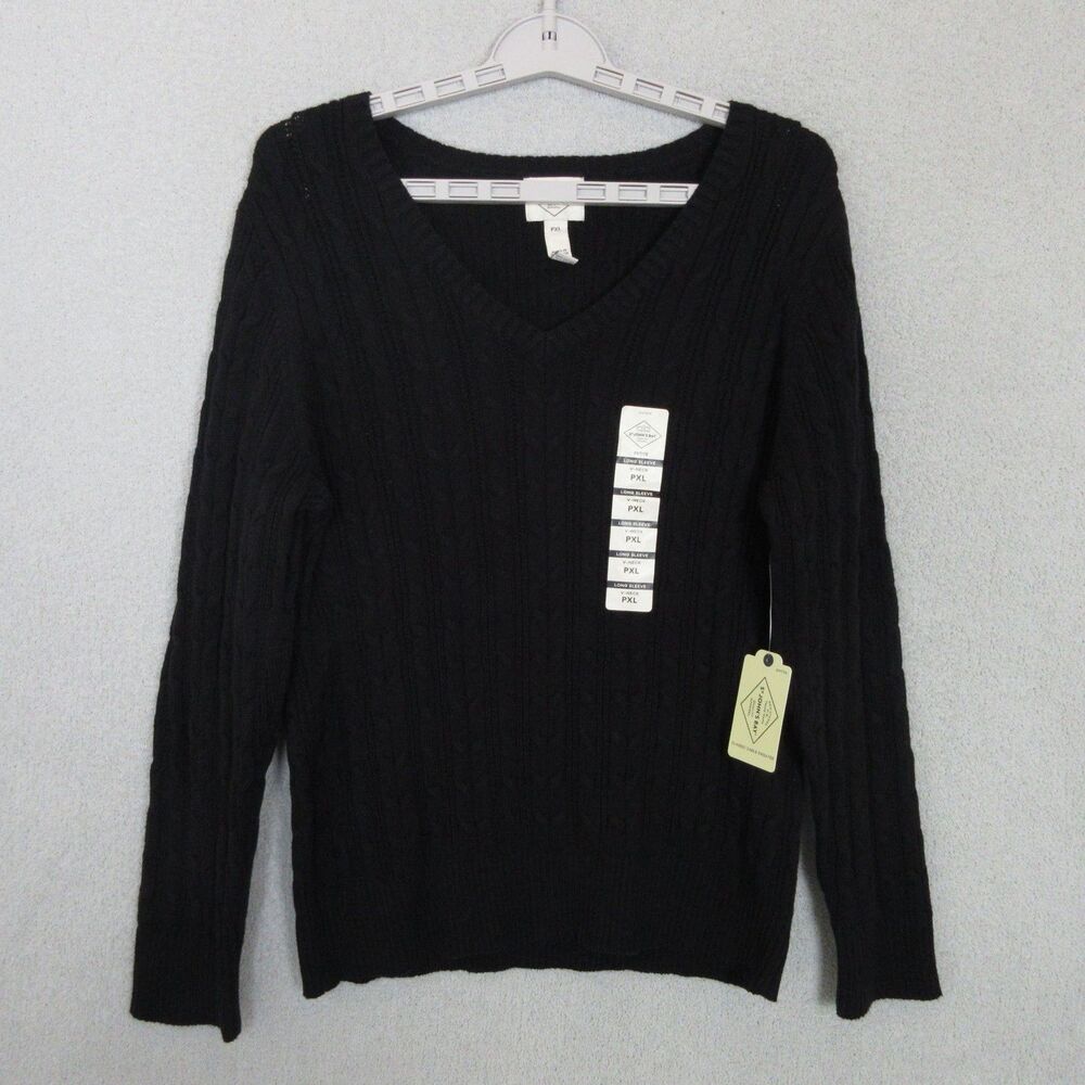 NWT St Johns Bay Sweater Womens PXL Black V-Neck Cable Knit Long Sleeve Pullover